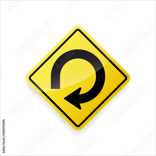 Free Download Vector illustration of a 270-degree curve traffic sign. Yellow diamond-shaped warning sign indicating a very sharp curve ahead forming a spiral or loop. - GFXLoad