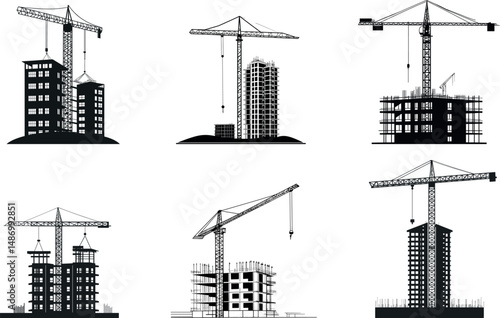 Silhouettes of cranes and buildings under construction on a white background
