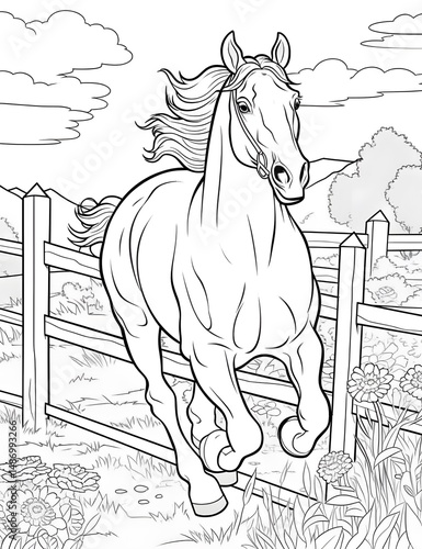 A coloring page of a horse rearing up in the grass.