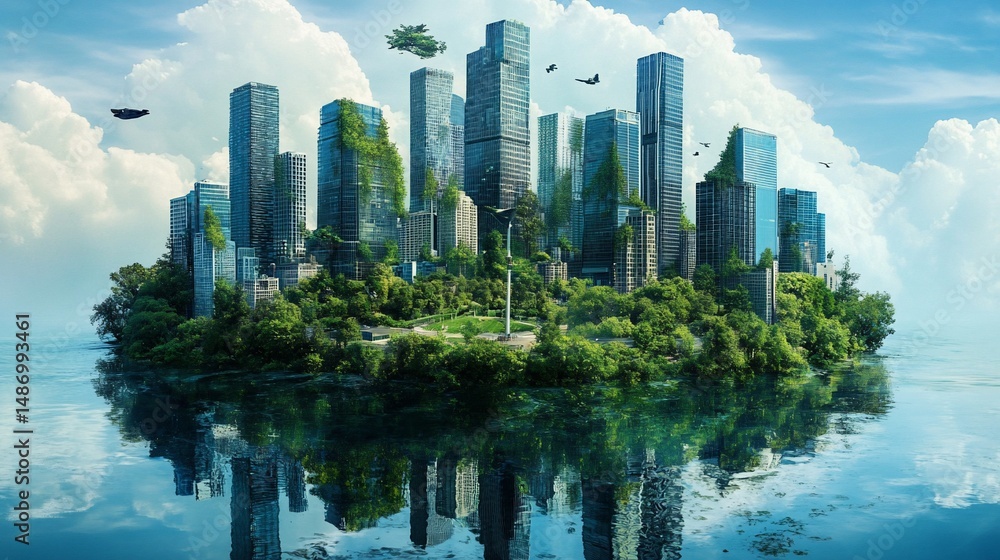 Obraz premium Sustainable Metropolis: Harmonious Fusion of Urban Architecture and Lush Nature