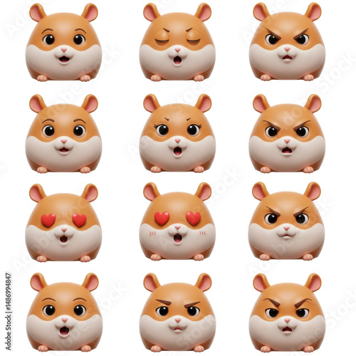 Set of diverse hamster faces displaying various emotions