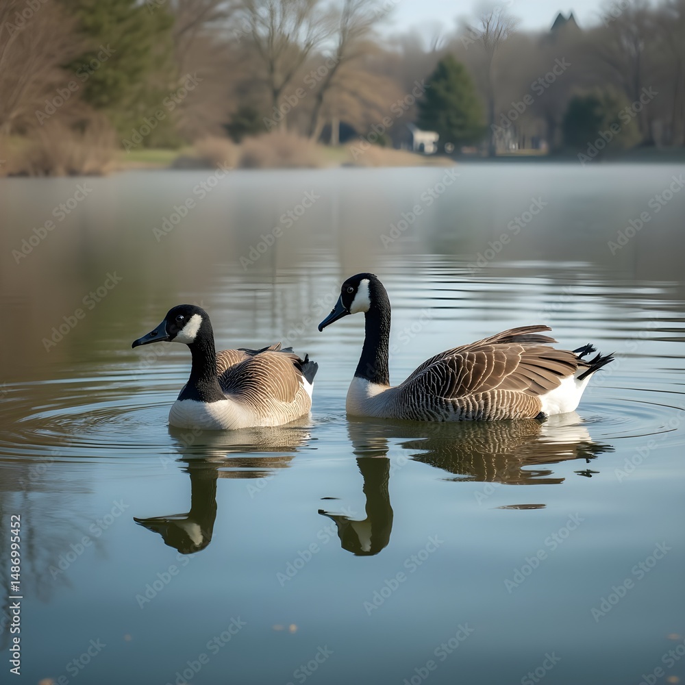 Fototapeta premium Una pareja de gansos jugando solos en un lago en un parque.