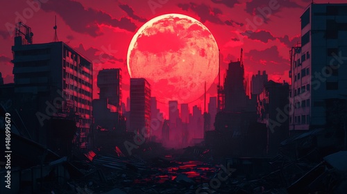 Wallpaper Mural Apocalyptic Cityscape Under a Crimson Moon: A World in Ruins Torontodigital.ca
