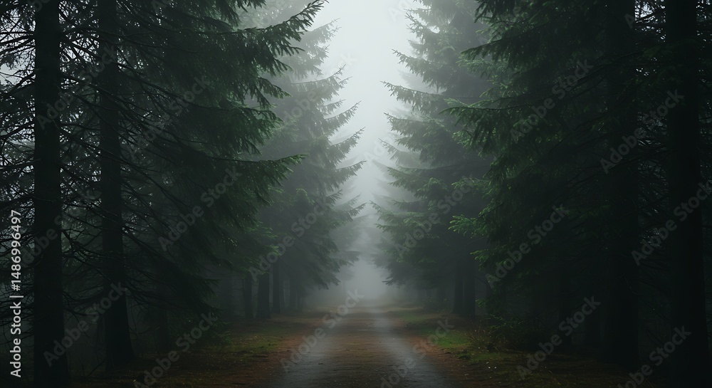 Obraz premium Walking Path Through Foggy Forest with Tall Evergreen Trees