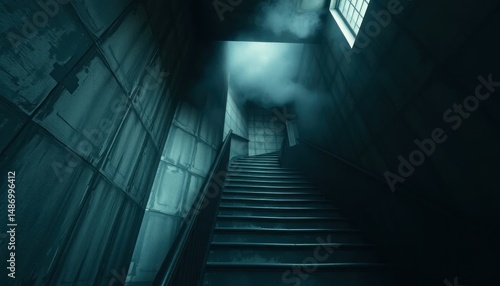 Eerie staircase with smoke, blue lighting, haunted asylum concept