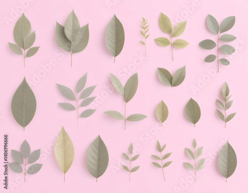 Wallpaper Mural Watercolor Leaves and Flora Set in Pastel Colors on a Pink Background Natural Botanical Illustration Arrangement Minimalist Still Life Torontodigital.ca