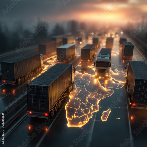 Global Logistics Network Illuminated African Map with Trucks on Highway at Night