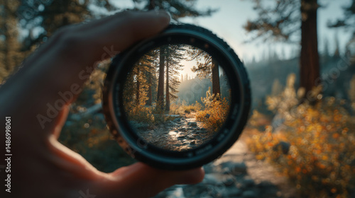Hand Holding Camera Lens Framing a Sunlit Forest Path