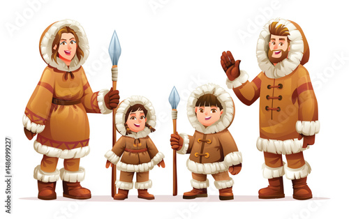 Family of Eskimos holding spears and standing together, wearing traditional fur lined winter coats. Vector cartoon character illustration