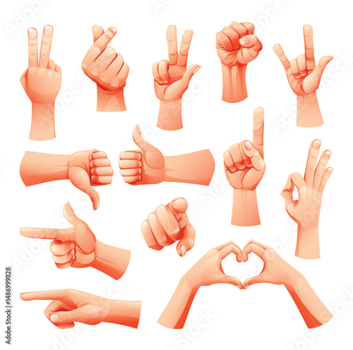Hand gestures and signs such as peace, fist, pointing, and love. Vector cartoon illustration