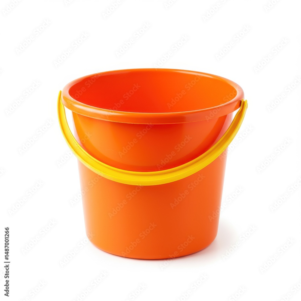 Orange plastic bucket isolated on white background for cleaning, gardening, or children's play. Orange plastic bucket isolated on white background for cleaning, gardening, or children's play.