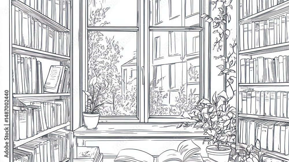 Fototapeta premium Library corner, window view, books, peaceful scene. Stock photo
