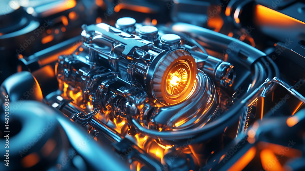 Fototapeta premium Closeup View of a Glowing Chrome Car Engine