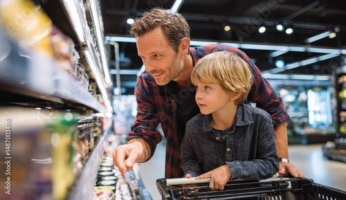 Father and son shopping together in a supermarket.