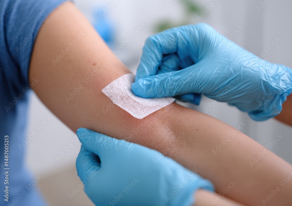 Healthcare professional applying a bandage on a patient's arm. Healthcare professional applying a bandage on a patient's arm.