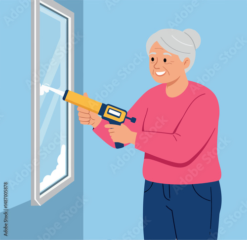 Older woman applying sealant to window frame in home renovation project vector illustration 