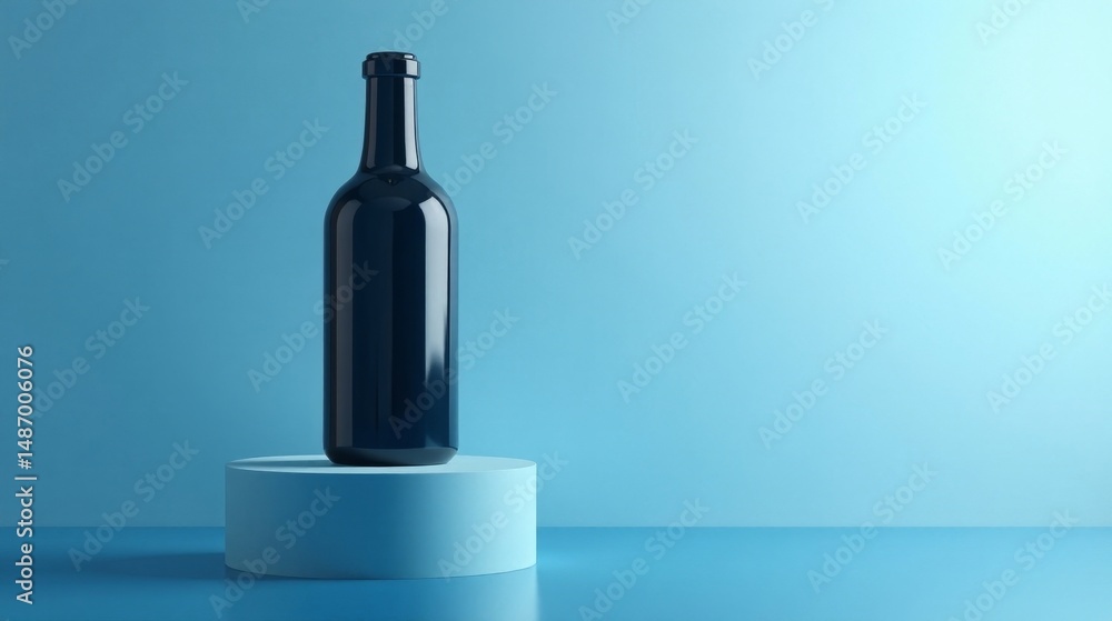Dark Glass Bottle on a Light Blue Pedestal Against a Smooth Blue Background Dark Glass Bottle on a Light Blue Pedestal Against a Smooth Blue Background