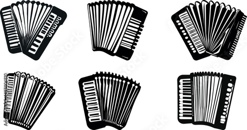 Six black and white accordion illustrations isolated on a white background