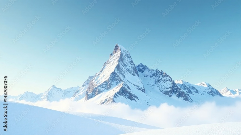Serene Winter Landscape Majestic snow-capped peak rising above a sea of clouds, a breathtaking panorama of pristine white mountain range under a clear sky. Serene Winter Landscape Majestic snow-capped peak rising above a sea of clouds, a breathtaking panorama of pristine white mountain range under a clear sky.