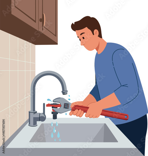 Man fixing leaking faucet with wrench in kitchen sink interior vector illustration 