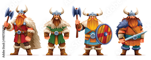 Set of Viking character with weapons and shields, ready for battle. Vector cartoon illustration