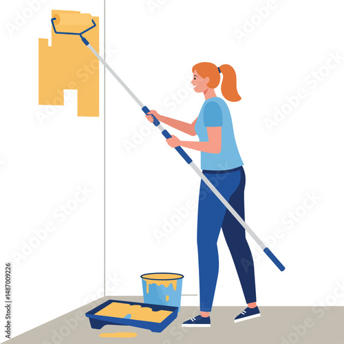 Woman painting wall with roller brush using yellow paint in casual clothes vector illustration 