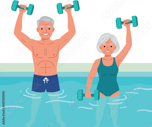 Senior Couple Exercising with Dumbbells in Swimming Pool for Active Lifestyle and Fitness 