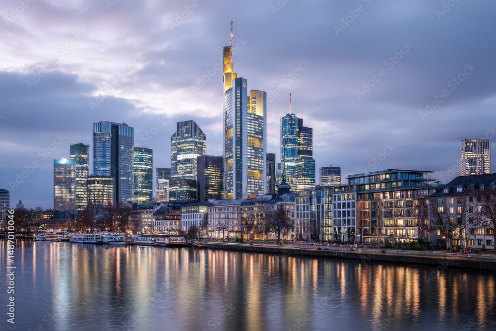 Obraz premium Cityscape with modern skyscrapers and river reflection.
