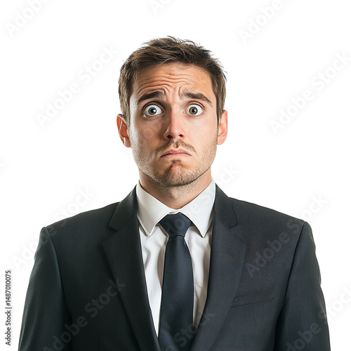 Businessman with Formal Suit and Serious Face and Looking Scared Isoalted on PNG Transparent Background
