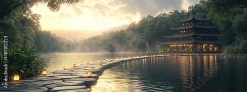 Serene temple reflected in tranquil waters, illuminated by lanterns.