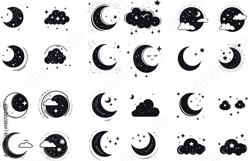 Collection of moon and star illustrations isolated on a white background