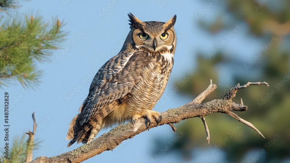 Obraz premium Wise Owl Perched on a Branch Under Soft Moonlight in a Peaceful Woodland Setting
