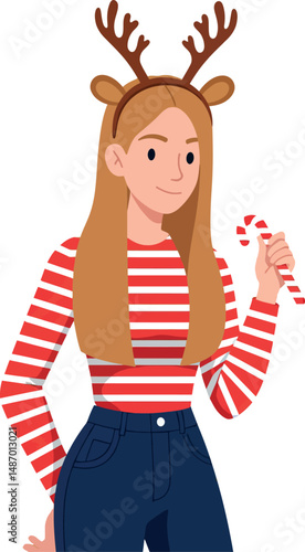 Young woman wearing reindeer antlers headband with candy cane in hand festive illustration 