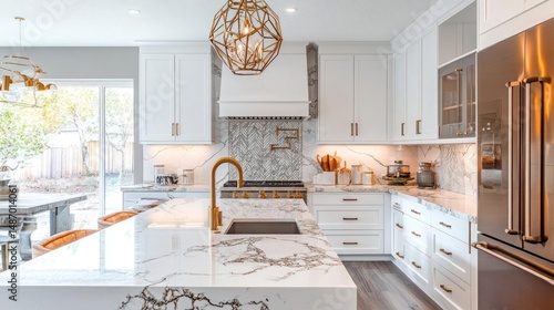 Bright, modern kitchen with marble countertops and stainless steel appliances.