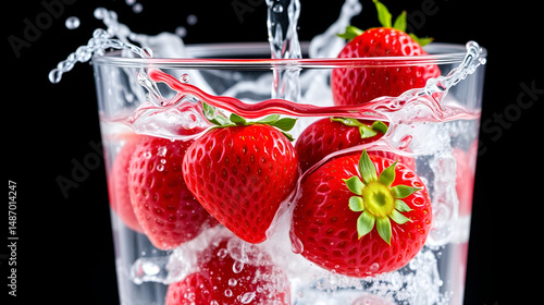 Strawberries fall into a glass of water. Water spills out of a glass. Fruit drinks. Making a cocktail. Refreshing drinks. .Mix drinks. Water splashes. A stream of water. Wave. Splashing water.