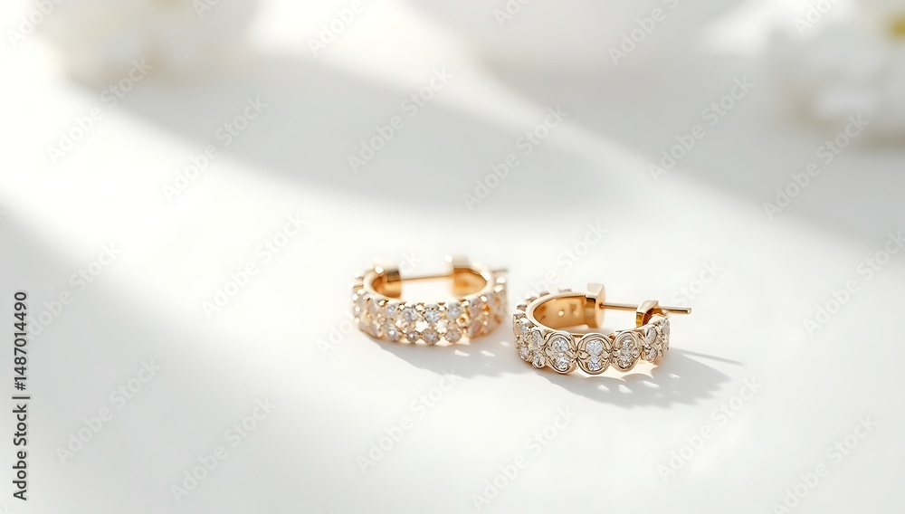 Obraz premium A pair of diamond-studded gold earrings elegantly arranged on a matte white surface, captured with soft shadows and shallow depth of field for a refined, premium look.