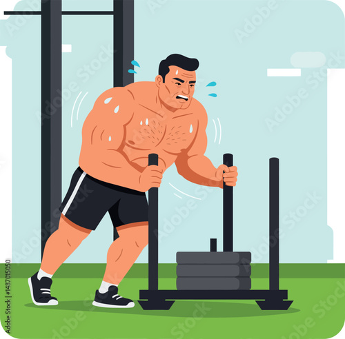 Muscular man intense sled push workout strength training exercise vector illustration 