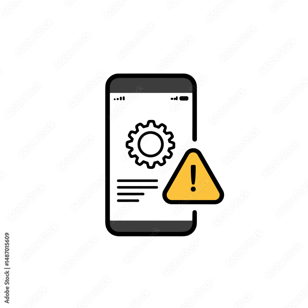 Smartphone screen displaying settings icon with warning symbol  