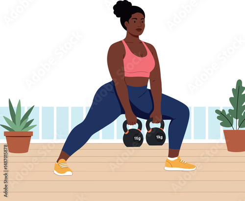 Woman exercising with kettlebells in home workout session wearing pink top and navy leggings 