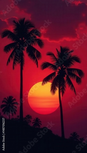 Dark palm tree silhouettes against fiery sunset hues , illustration, tropical, scenic