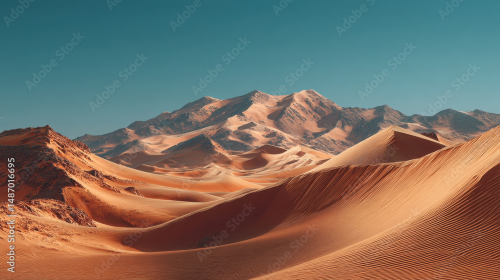 Naklejka premium Orange Sand Dunes and Sunlit Mountains in Arid Landscape