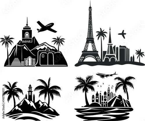 Black and white travel icons of various landmarks and destinations