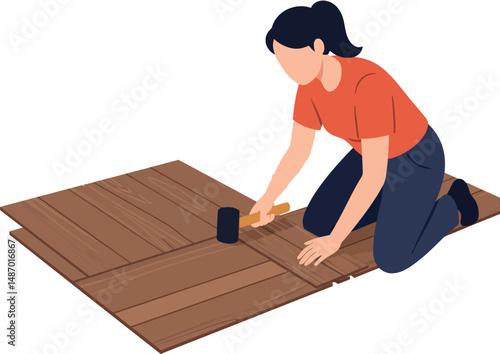 Woman Working on Wood Flooring with Hammer and Nails Home Improvement Project 