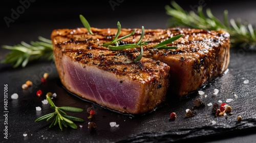 Grilled tuna steak with spices and rosemary on slate.