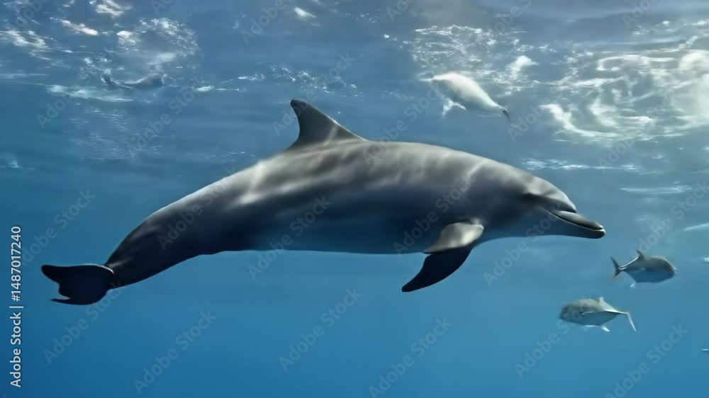 Graceful dolphin swimming underwater, sunlight above Graceful dolphin swimming underwater, sunlight above