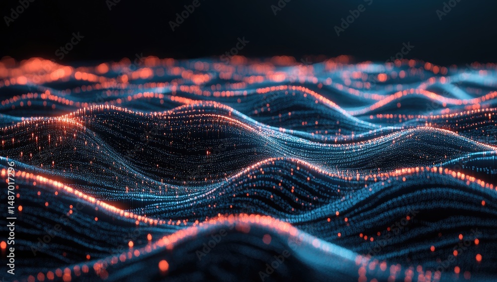 Abstract data waves. Dynamic interplay of glowing particles Abstract data waves. Dynamic interplay of glowing particles