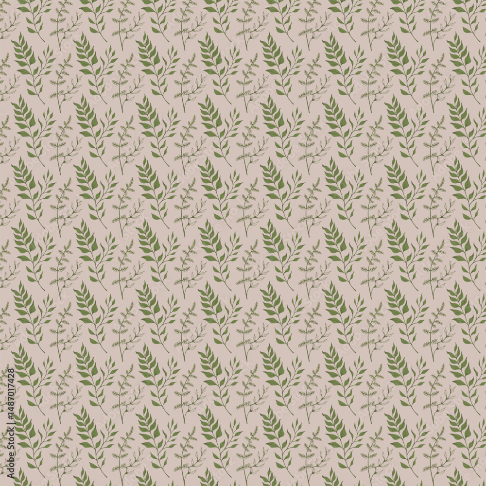 Seamless Pattern of Elegant Green Botanical Branches and Leaves Seamless Pattern of Elegant Green Botanical Branches and Leaves