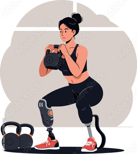 Woman with prosthetic leg doing kettlebell exercise in fitness training session 