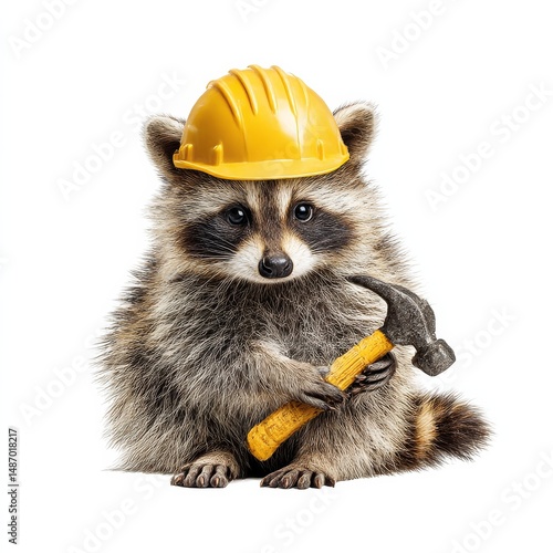 Raccoon the builder: A cute raccoon wearing a hard hat and holding a hammer, ready for construction work on a white background.