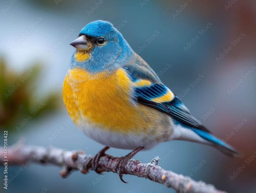 Fototapeta premium A small blue and yellow bird sitting on a branch
